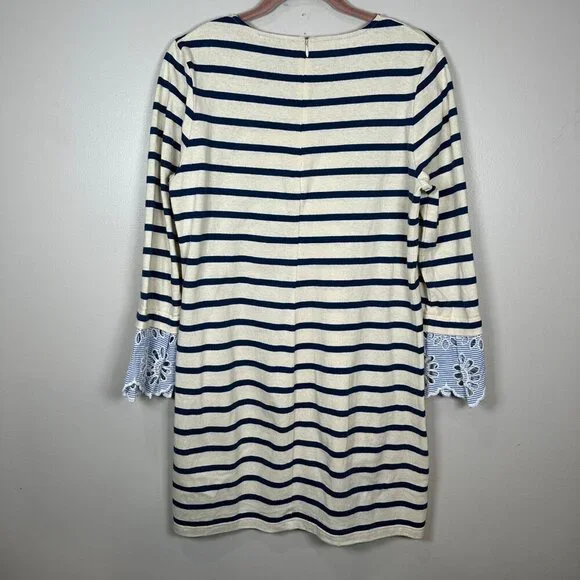 SEA NY Striped Eyelet Long Sleeve Shift Dress Women L Stretch Cotton Scoop Neck - Picture 8 of 8